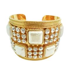 Chanel Vintage Wide Faux Pearl and Rhinestone Cuff Bracelet