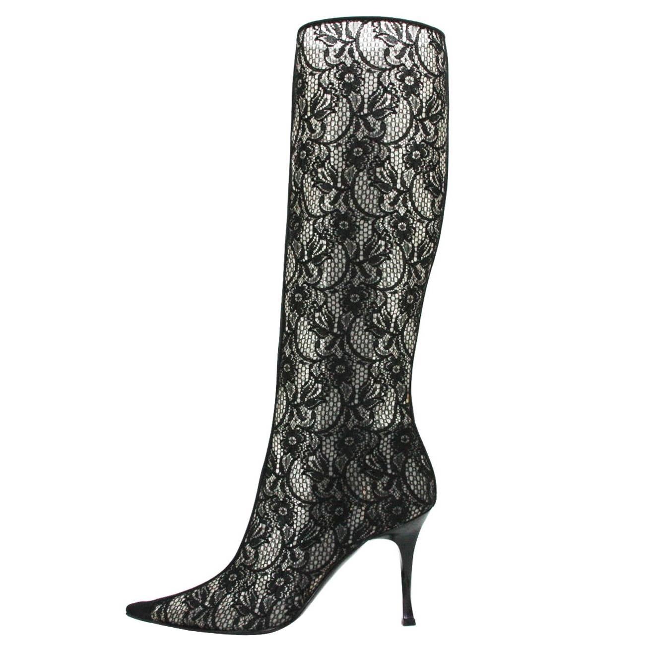 New Casadei Black Lace Twist Heel Boots 9