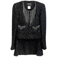 Chanel Black Tweed Sequin & Chain Fringe Skirt Suit sz 40