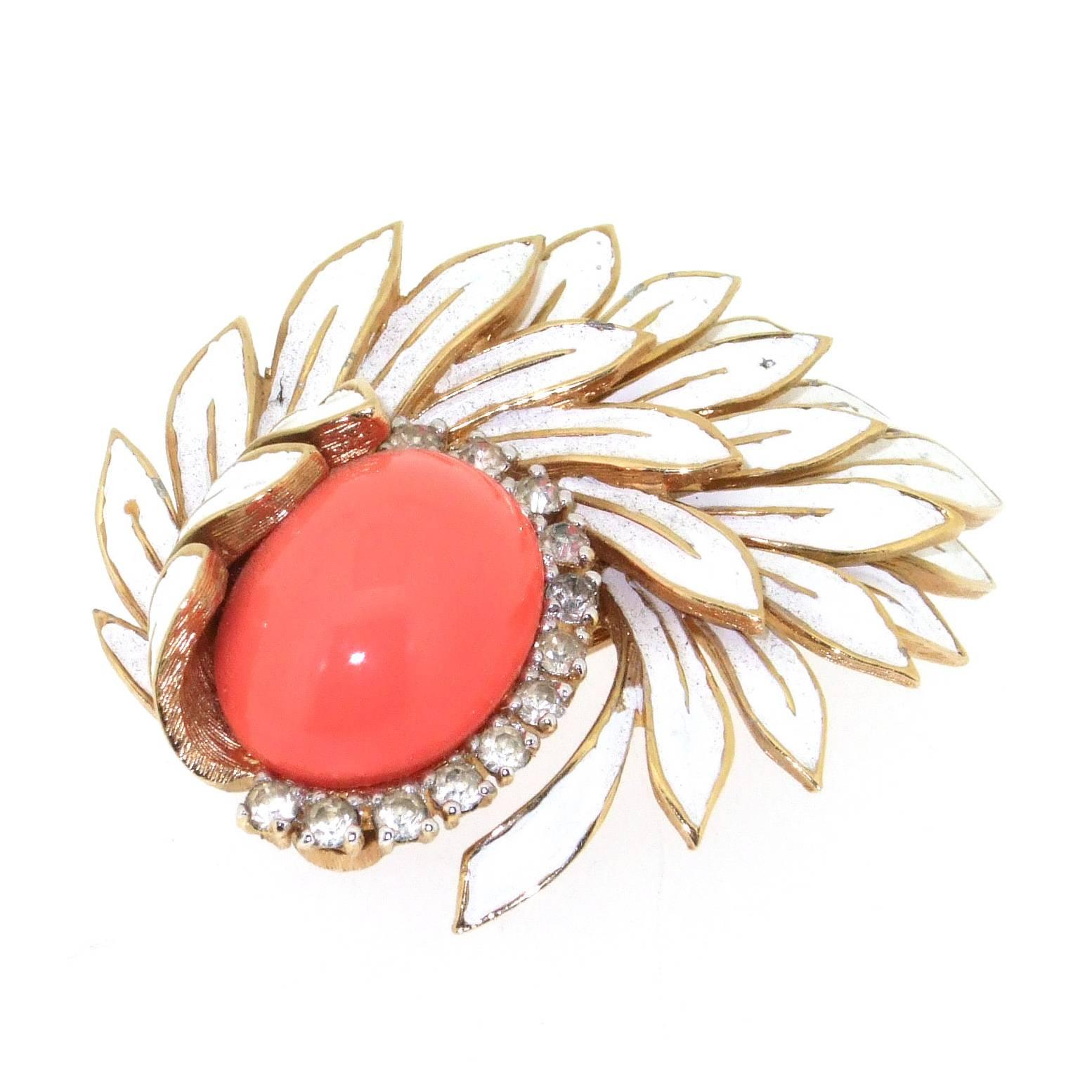 Vintage White and Coral Glass brooch by Jomaz For Sale