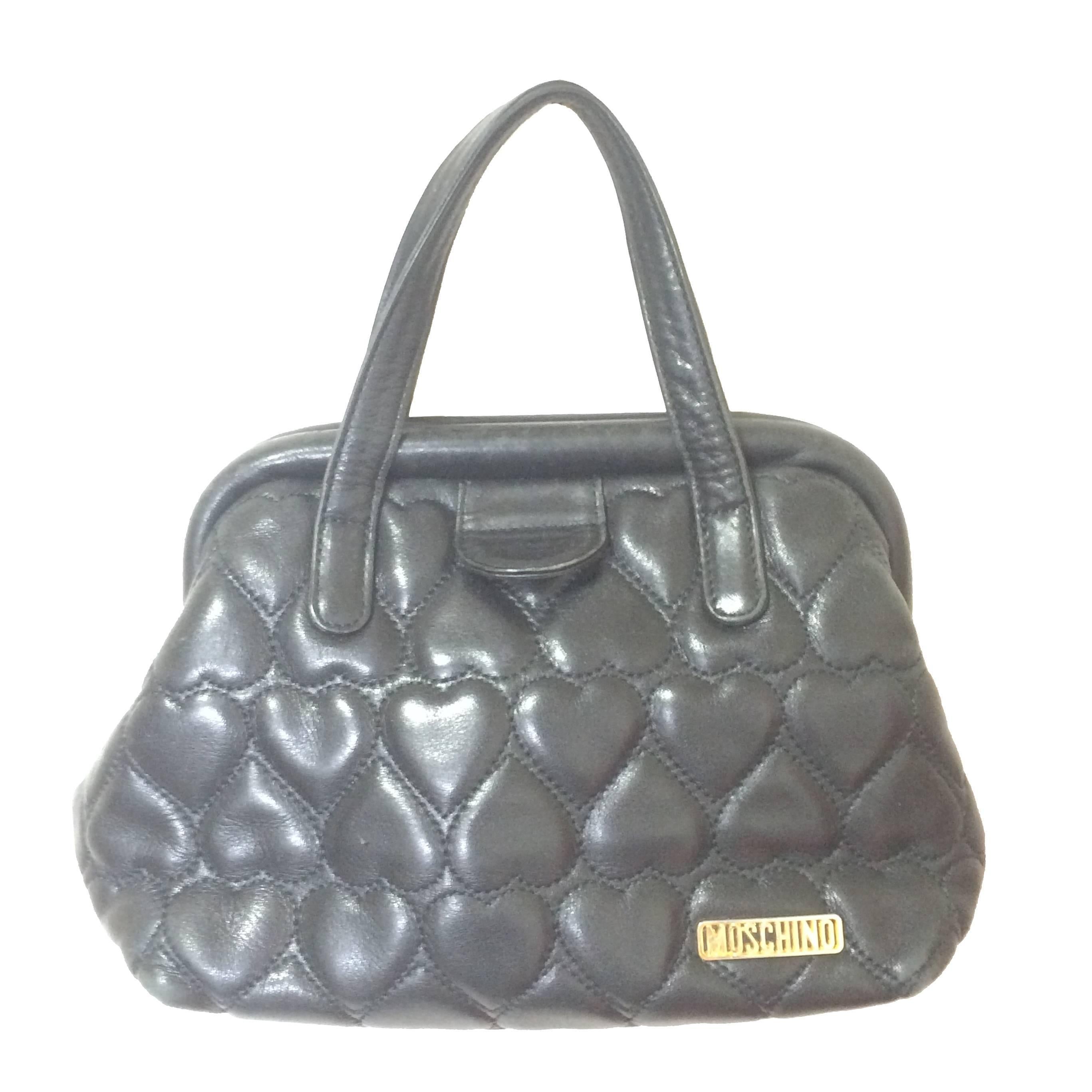 Vintage MOSCHINO black heart shape quilted lambskin mini handbag, tote purse. For Sale