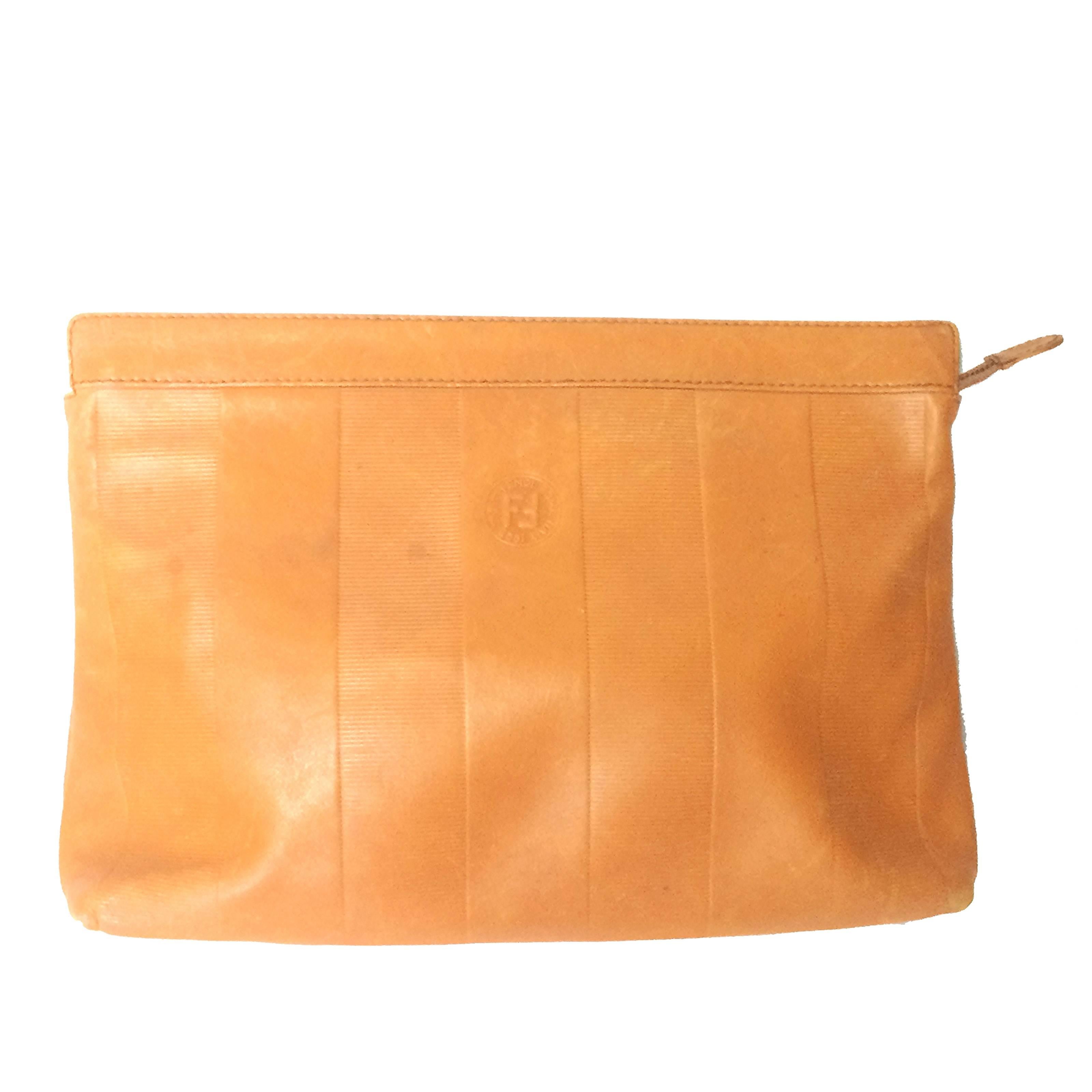 Vintage Fendi orange brown genuine leather mini document bag, clutch purse. For Sale