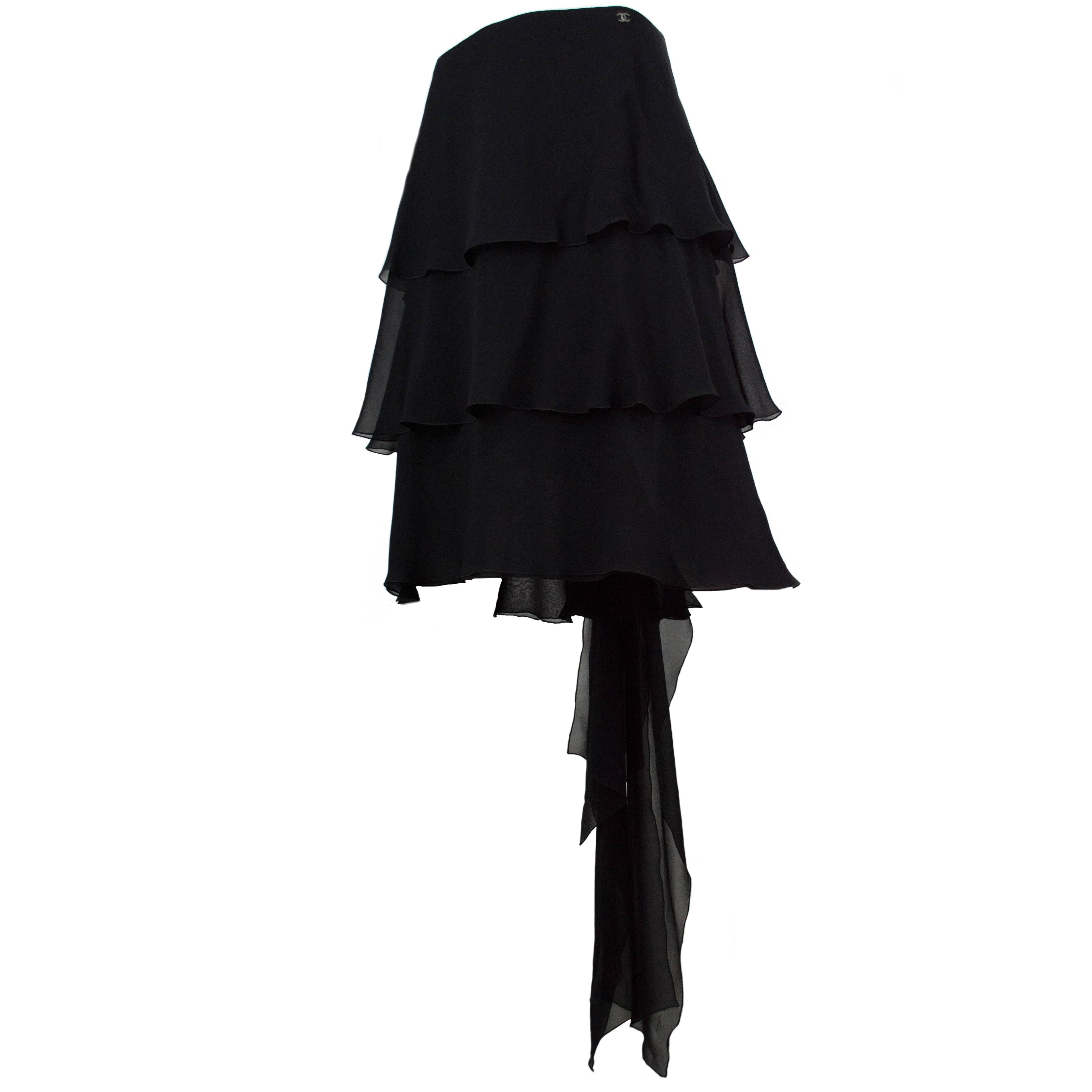 Chanel Black Chiffon Ruffle Train Skirt 38 For Sale