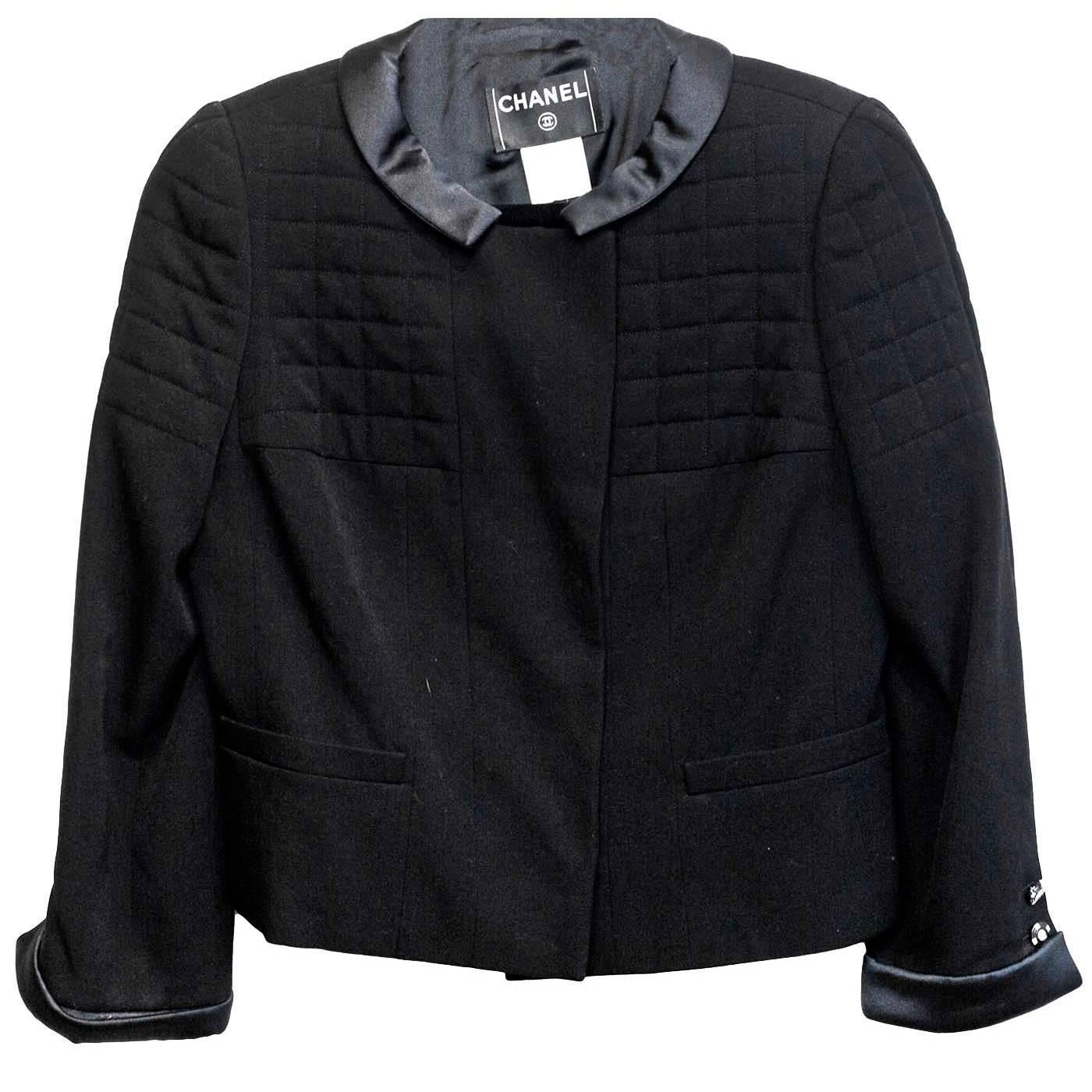 Chanel Black Wool Jacket with Sateen Trim Sz 44