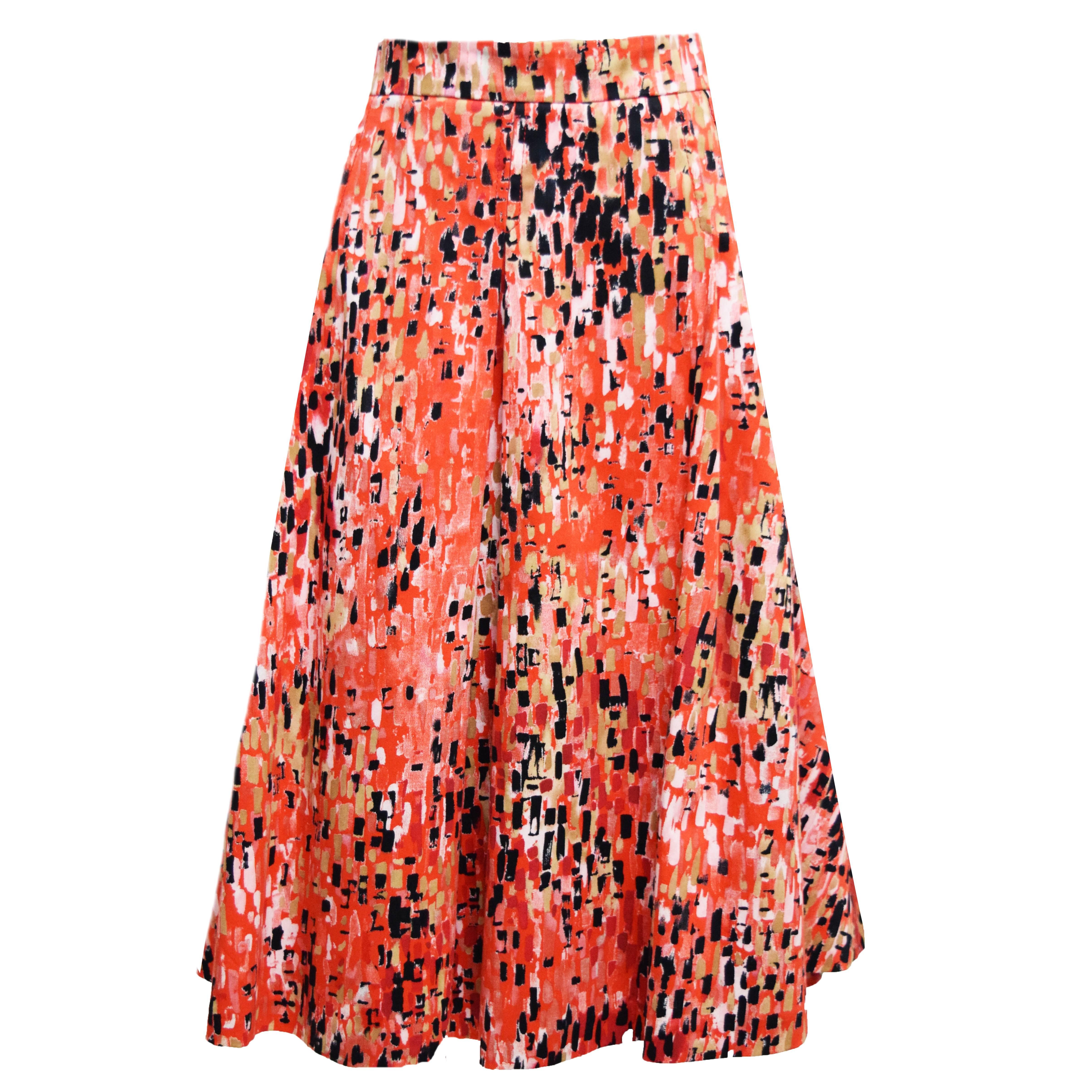 Carolina Herrera Full A-line Coral, Black, and Gold Abstract Print A-line Skirt 