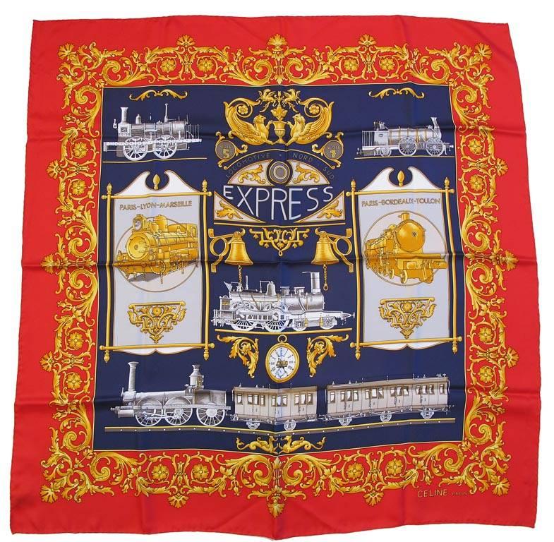 Céline "Locomotive Express" Print Silk Scarf For Sale