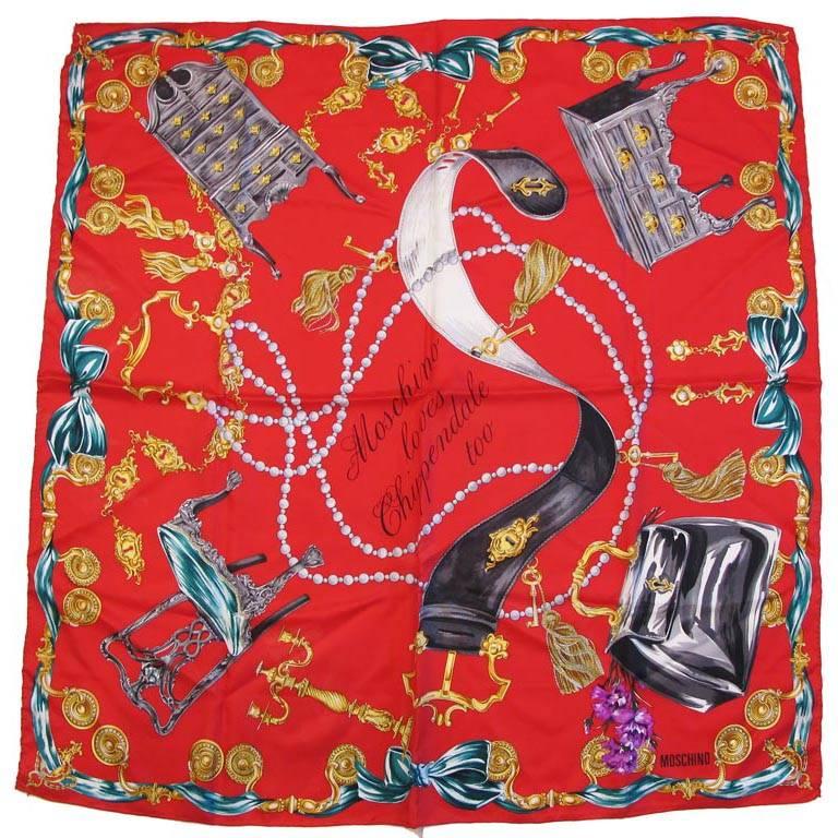 1990's Moschino "Moschino Loves Chippendale Too" Print Silk Scarf For Sale