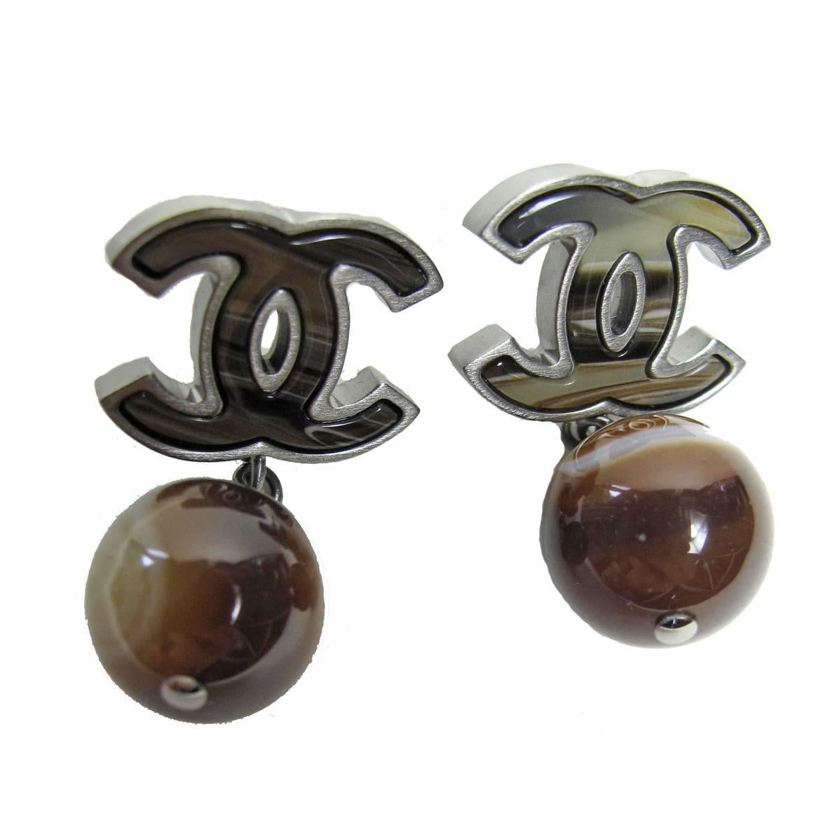 Chanel "CC" Inlaid Brown Agate and Hanging Ball Drop Earrings