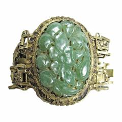 Chinese Gold Washed Silver Repousse Jade Bracelet - sale