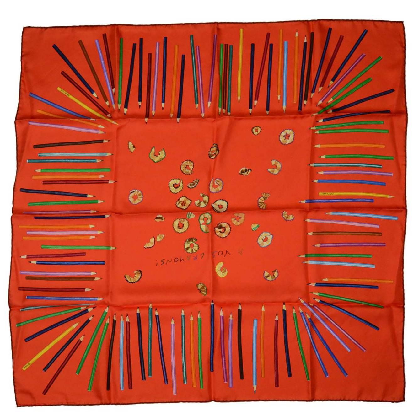 Hermes Leigh Cooke Orange 'A Vos Crayons!' Silk 90cm Scarf