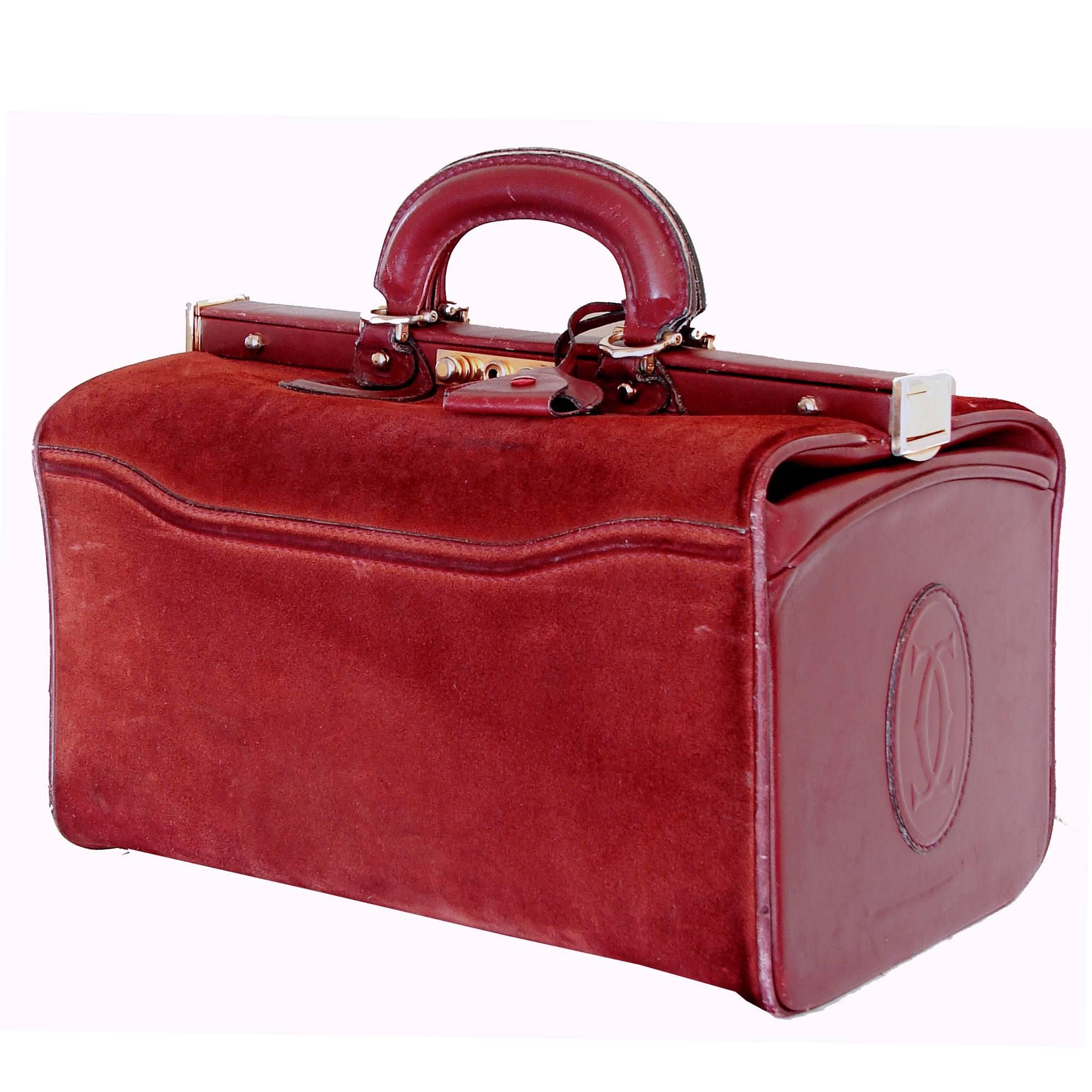 Cartier Large Bordeaux Suede Leather Doctors Bag Train Case 1980s with Dust Bag