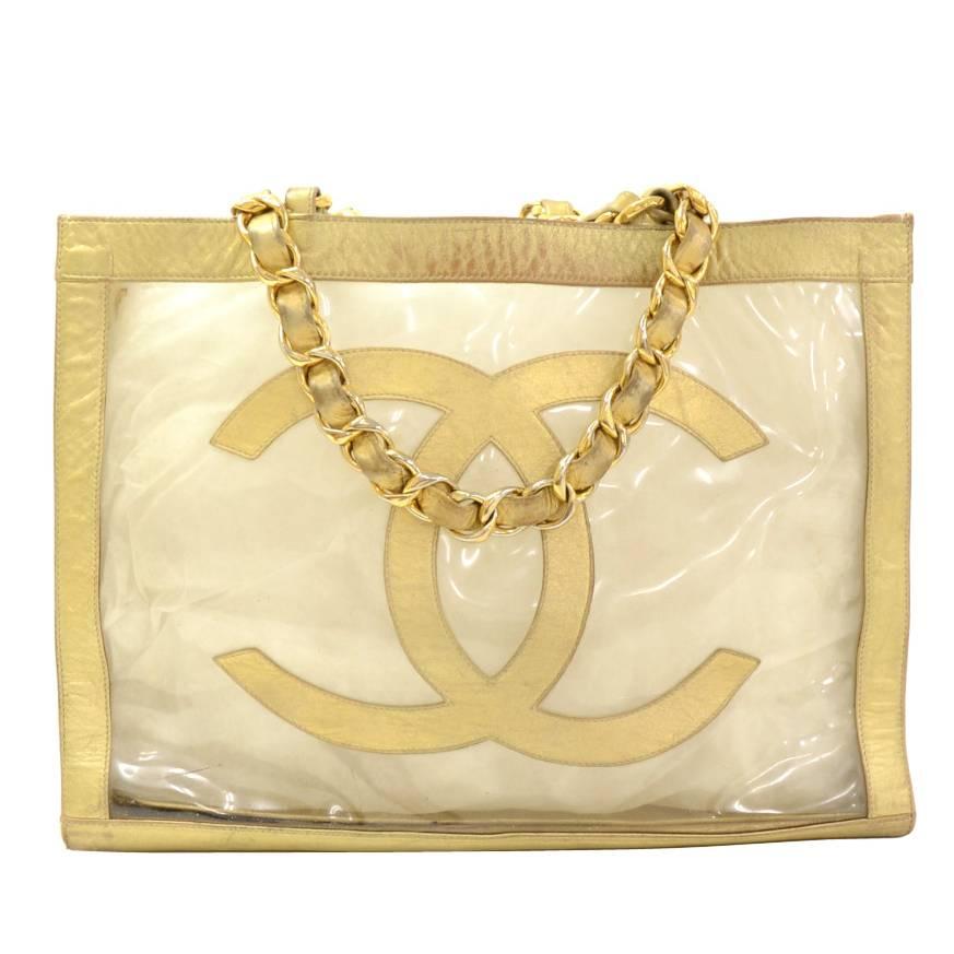 Chanel Jumbo XL Vinyl x Gold Leather Shoulder Shopping Tote Bag