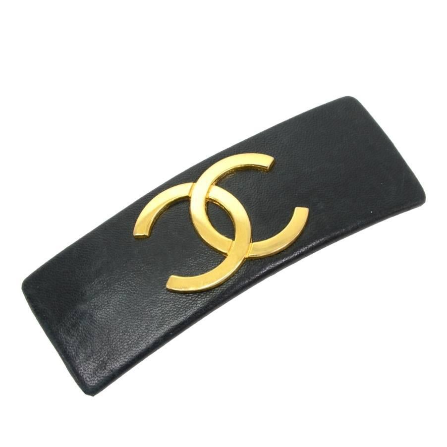 Chanel Black Leather x Gold Tone CC Logo Large Barrette Hair Clip