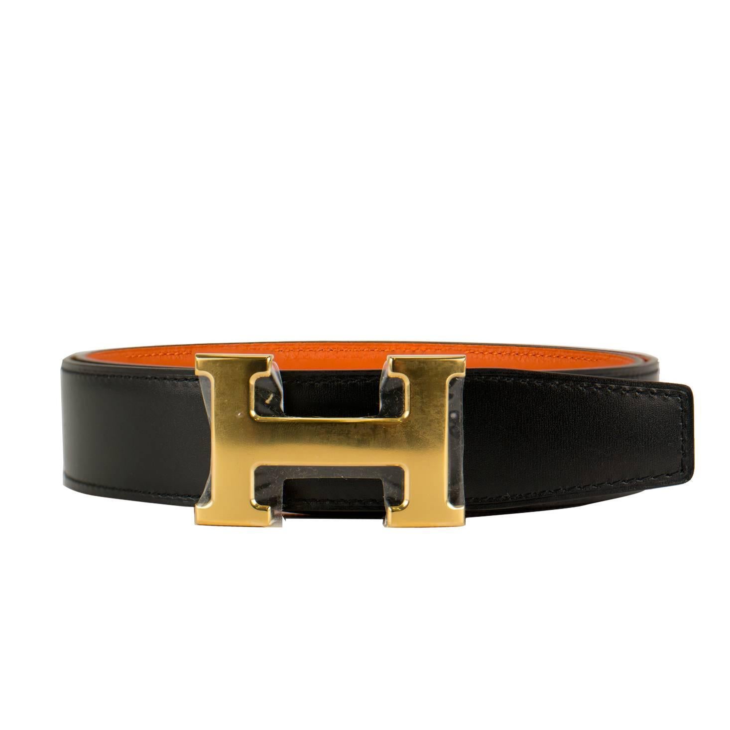 Hermes Belt H 32mm Box Togo Noir/Orange size 85 + Boucle Gold 2016
