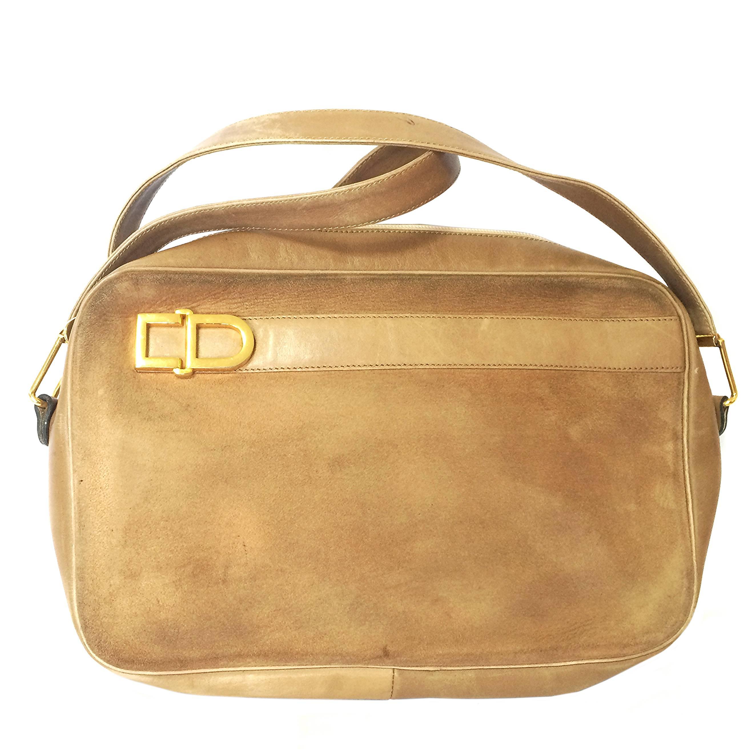 Vintage Christian Dior brown beige suede shoulder bag with golden CD motif. For Sale