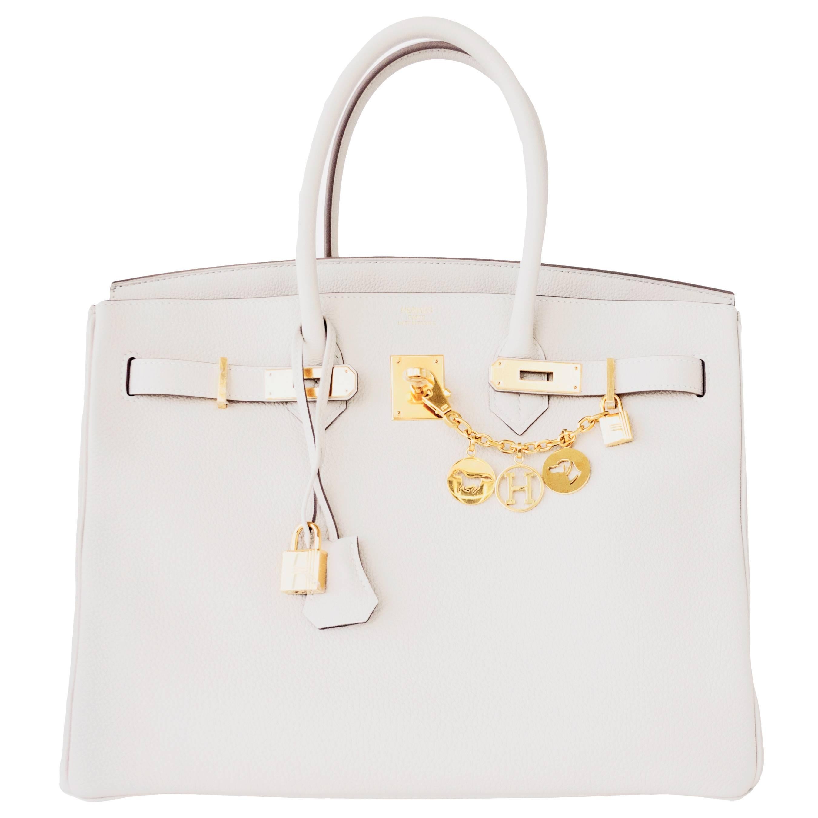 Hermes Craie Chalk 35cm Togo Birkin Gold GHW Tote Bag Elegant