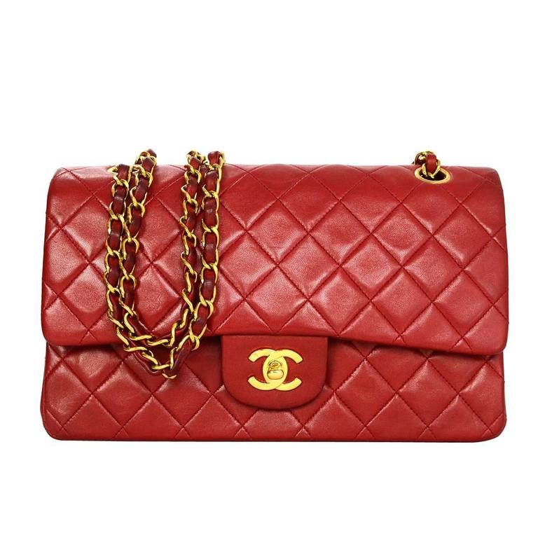 Chanel &#39;90s Vintage Red Lambskin Double Flap 10&quot; Medium Classic Bag with GHW For Sale at 1stdibs