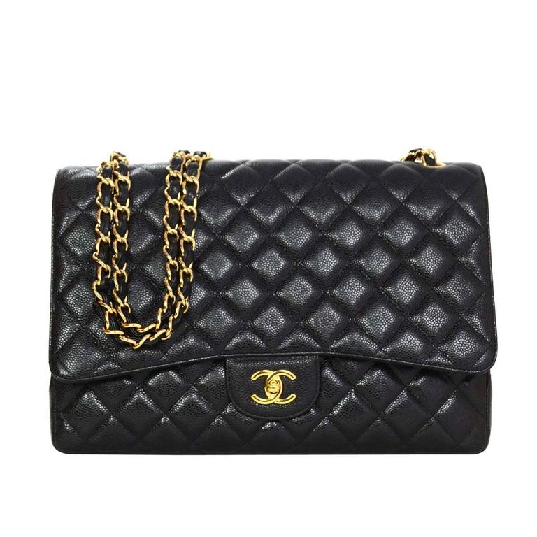 Chanel Black Caviar Leather Quilted Single Flap Maxi Classic 2.55 Bag ...