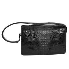 Retro 1980s Jet Black Convertible Hornback Alligator Purse