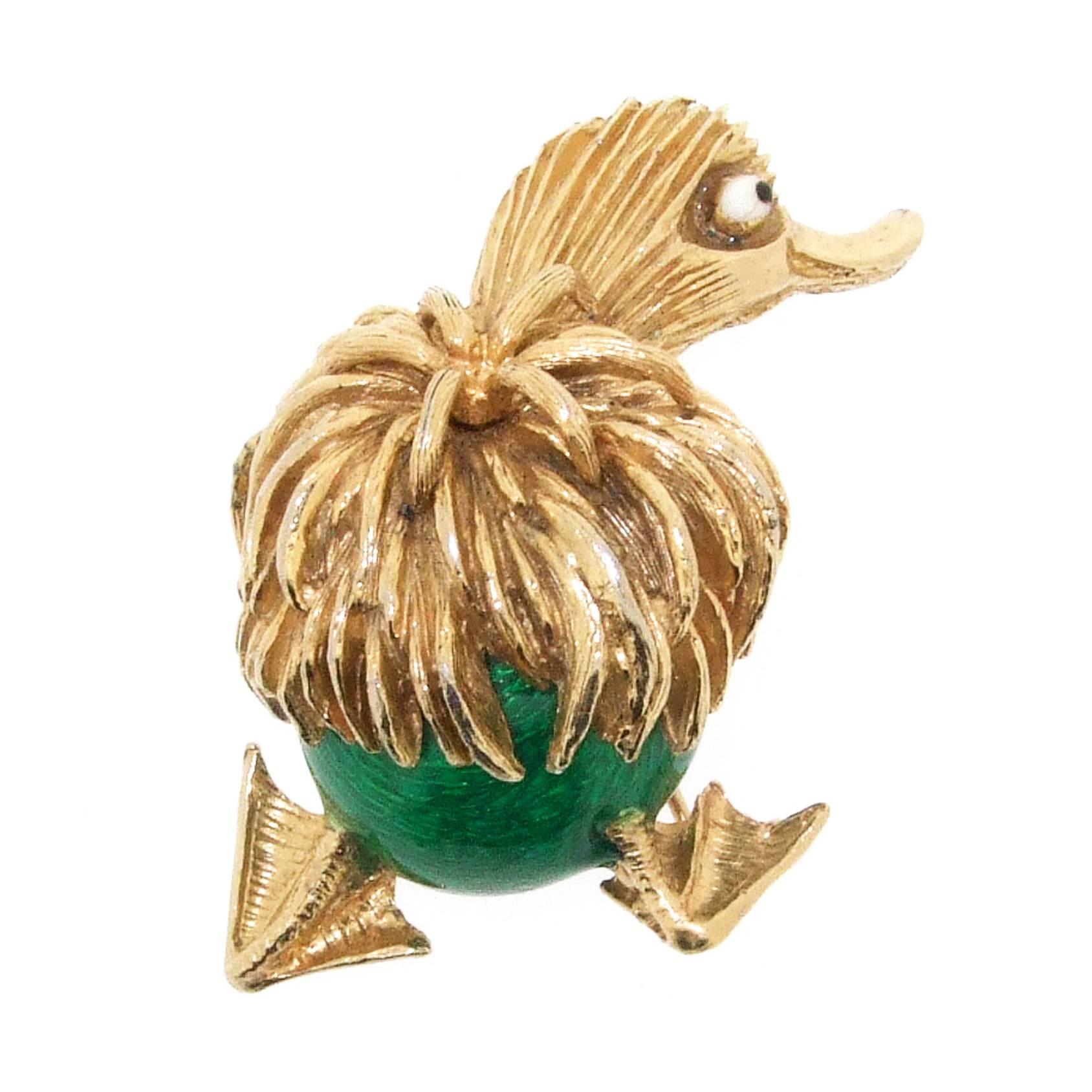 Vintage Green Enamel Duck Bird Brooch by Ciner For Sale