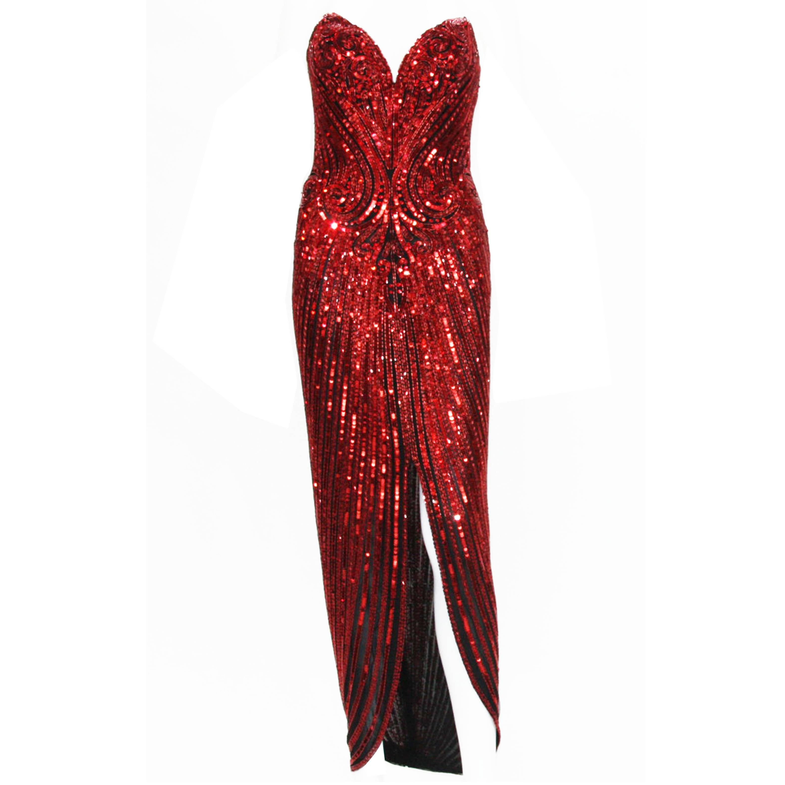Bob Mackie Red Fully Beaded Dress Gown 