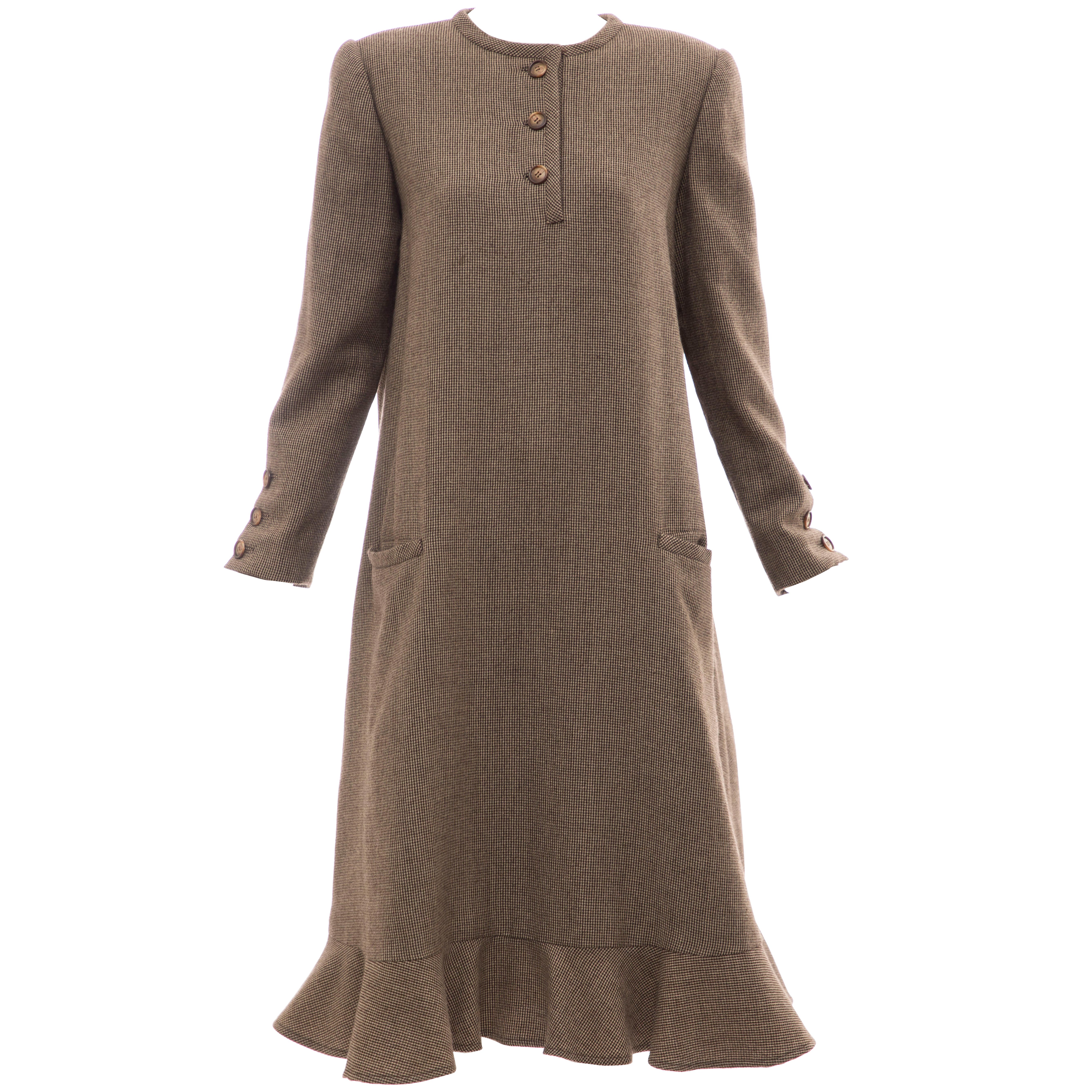 Bill Blass Brown Wool Tweed A Line Button Front Dress, Circa: 1970's For Sale
