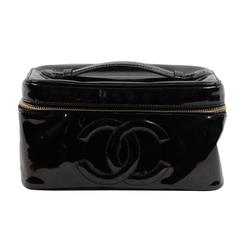 CHANEL Black Patent Leather COSMETIC BAG Vanity Case HANDBAG Purse 9