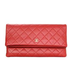 Chanel 2015 Like New Red Lambskin Quilted Fold Over Clutch Bag