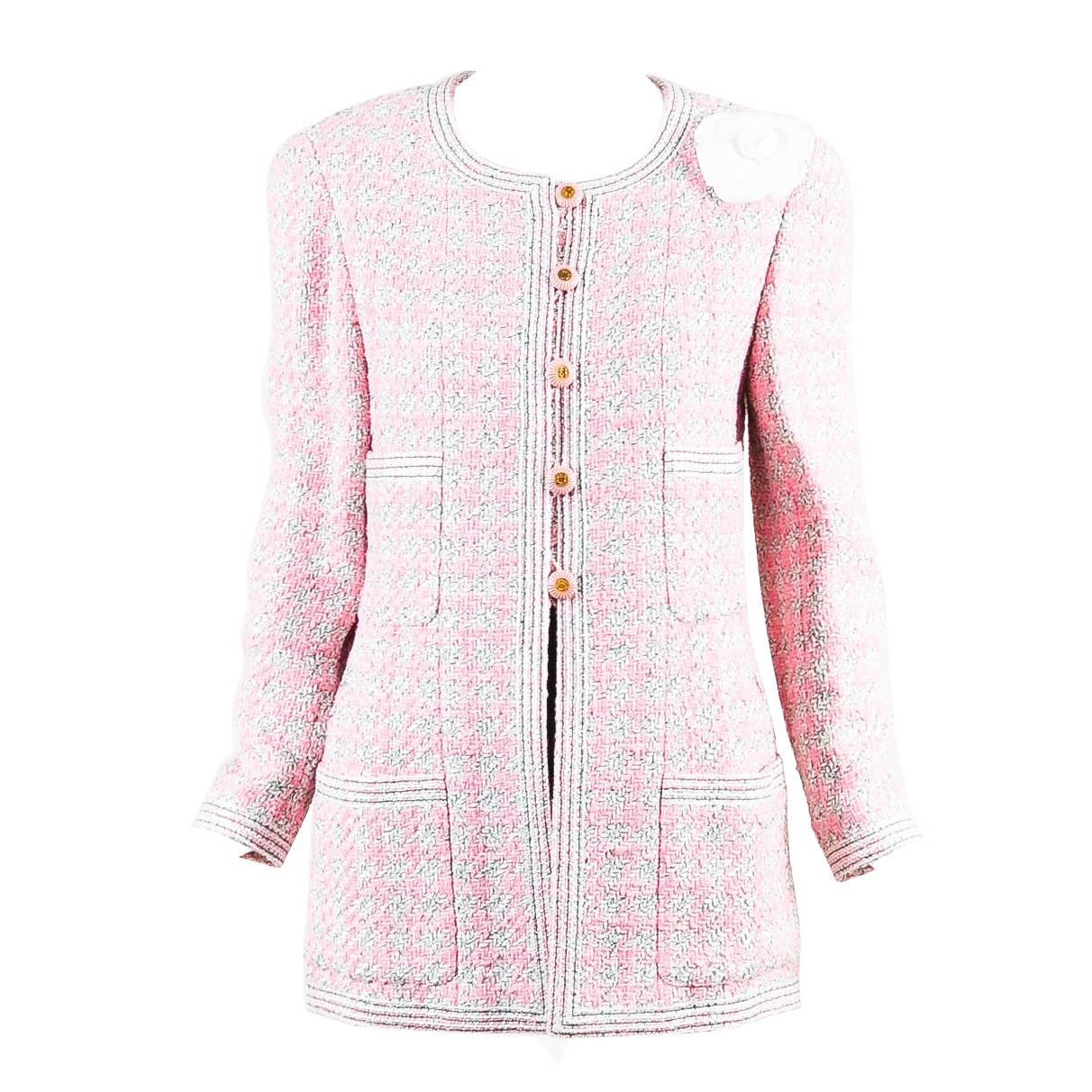 Vintage Chanel Boutique 93P Pink & White Tweed Camellia Pinned Jacket SZ 42 For Sale