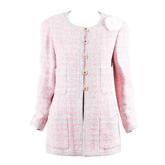 Vintage Chanel Boutique 93P Pink & White Tweed Camellia Pinned Jacket SZ 42
