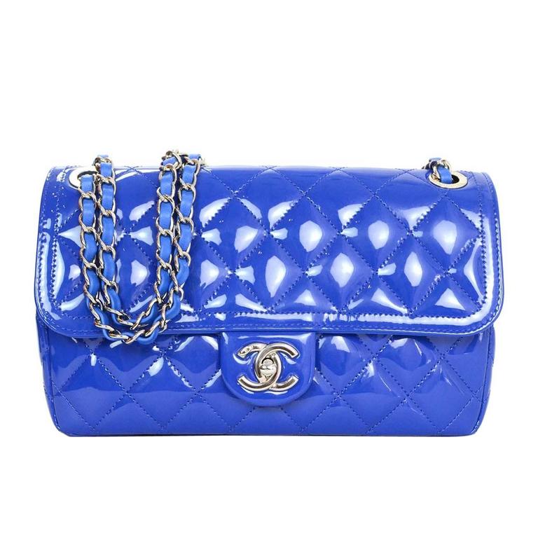 Chanel Cobalt Blue Patent Leather Quilted Flap Bag with SHW For Sale at  1stDibs