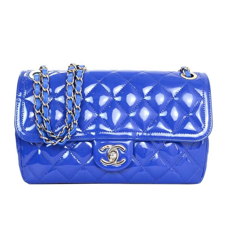 Chanel Cobalt Blue Patent Leather Quilted Flap Bag with SHW For Sale at