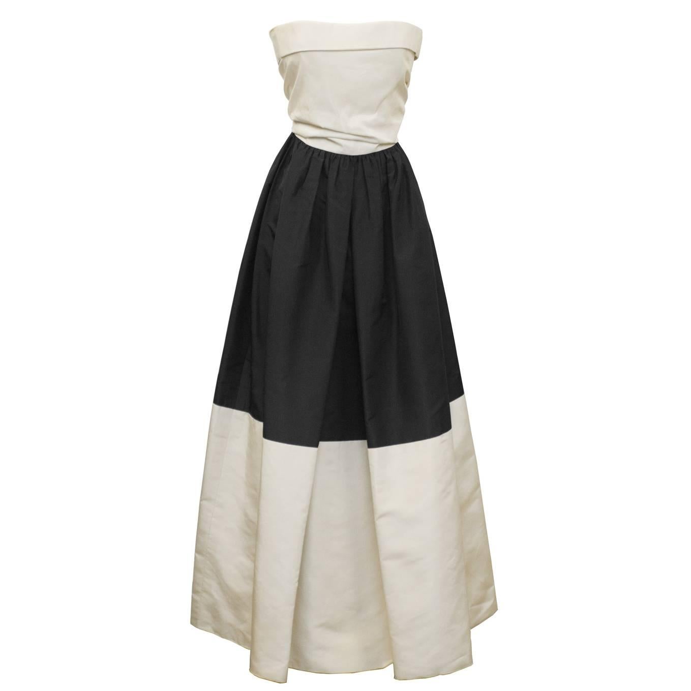 Pauline Trigere Early 1960's Black and Cream Silk Taffeta Strapless Gown For Sale