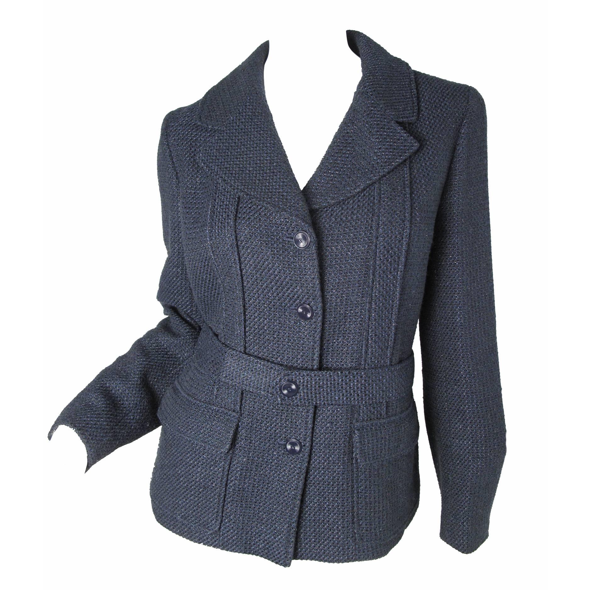 Chanel Navy Jacket with Fabric Woven to Sparkle