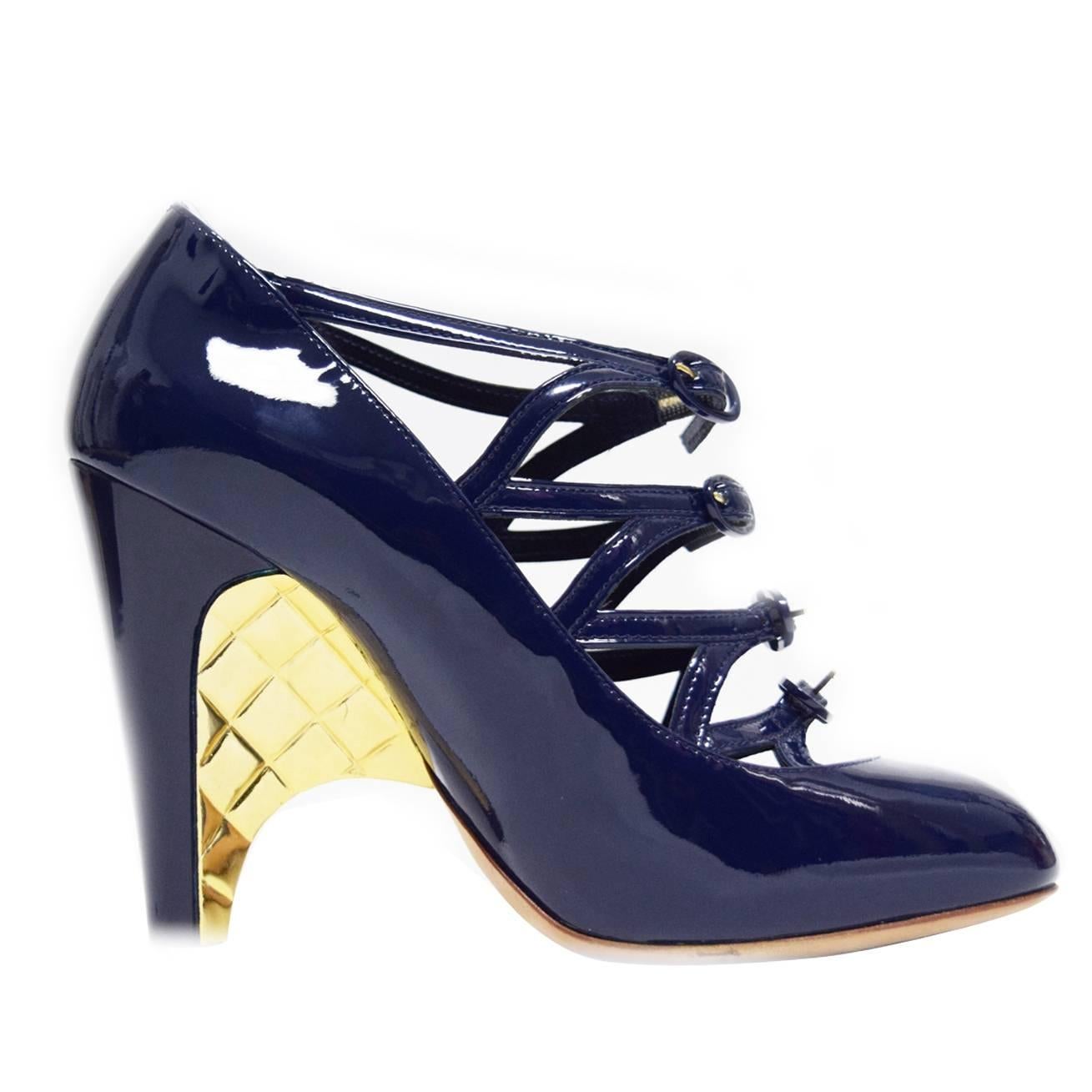 Chanel Navy Patent Leather Pump with Buckled Upper and Gold Wedge Detail For Sale