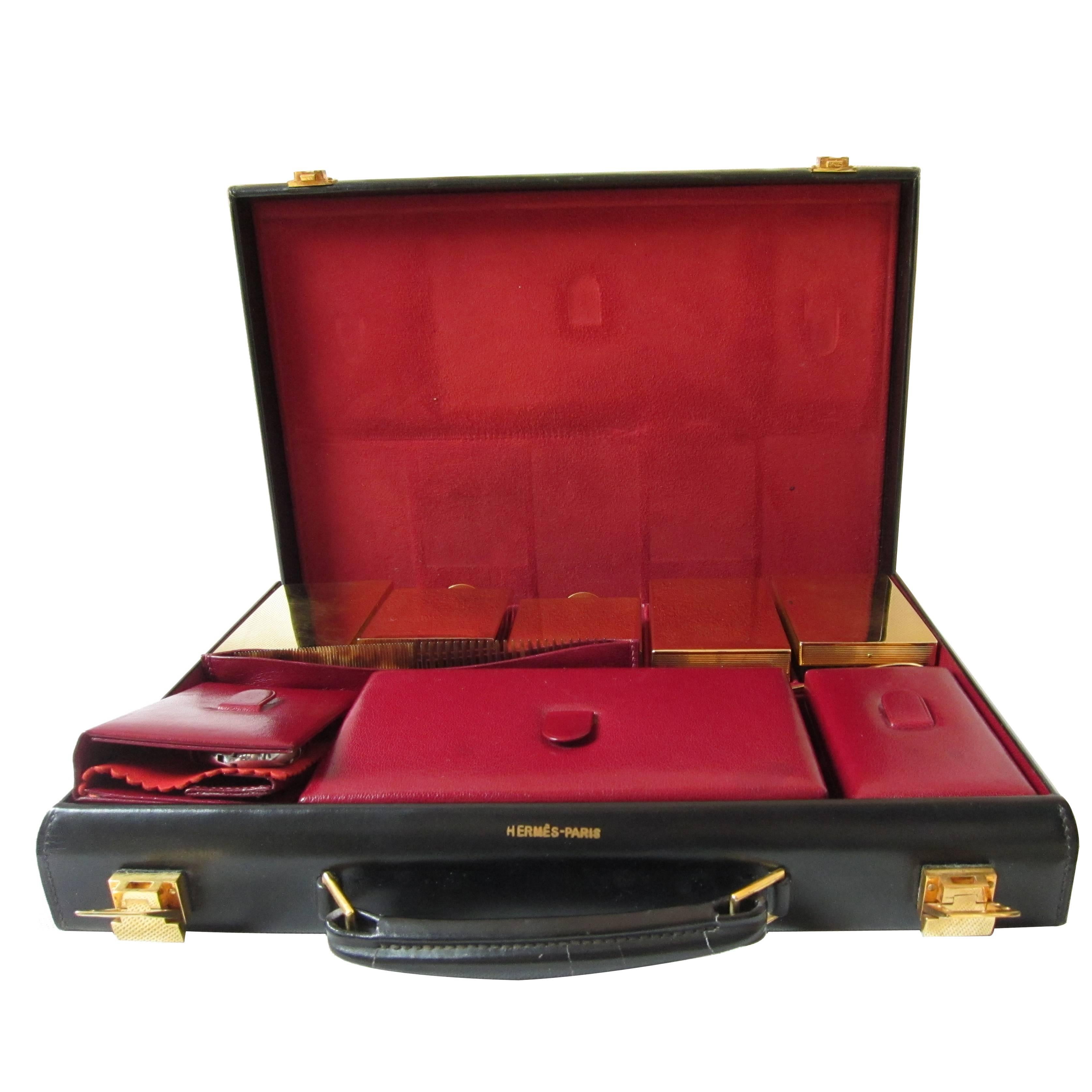 Vintage Golden Hermes Vanity case / Briefcase for Men in Black Box Leather. 60's