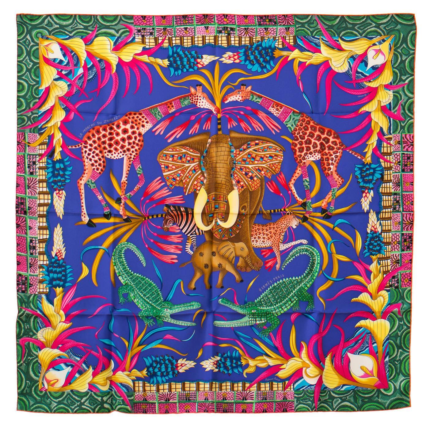 Hermes  Carre Twill 100% Silk La Marche du Zambeze Iris/Vert/Brique 2016