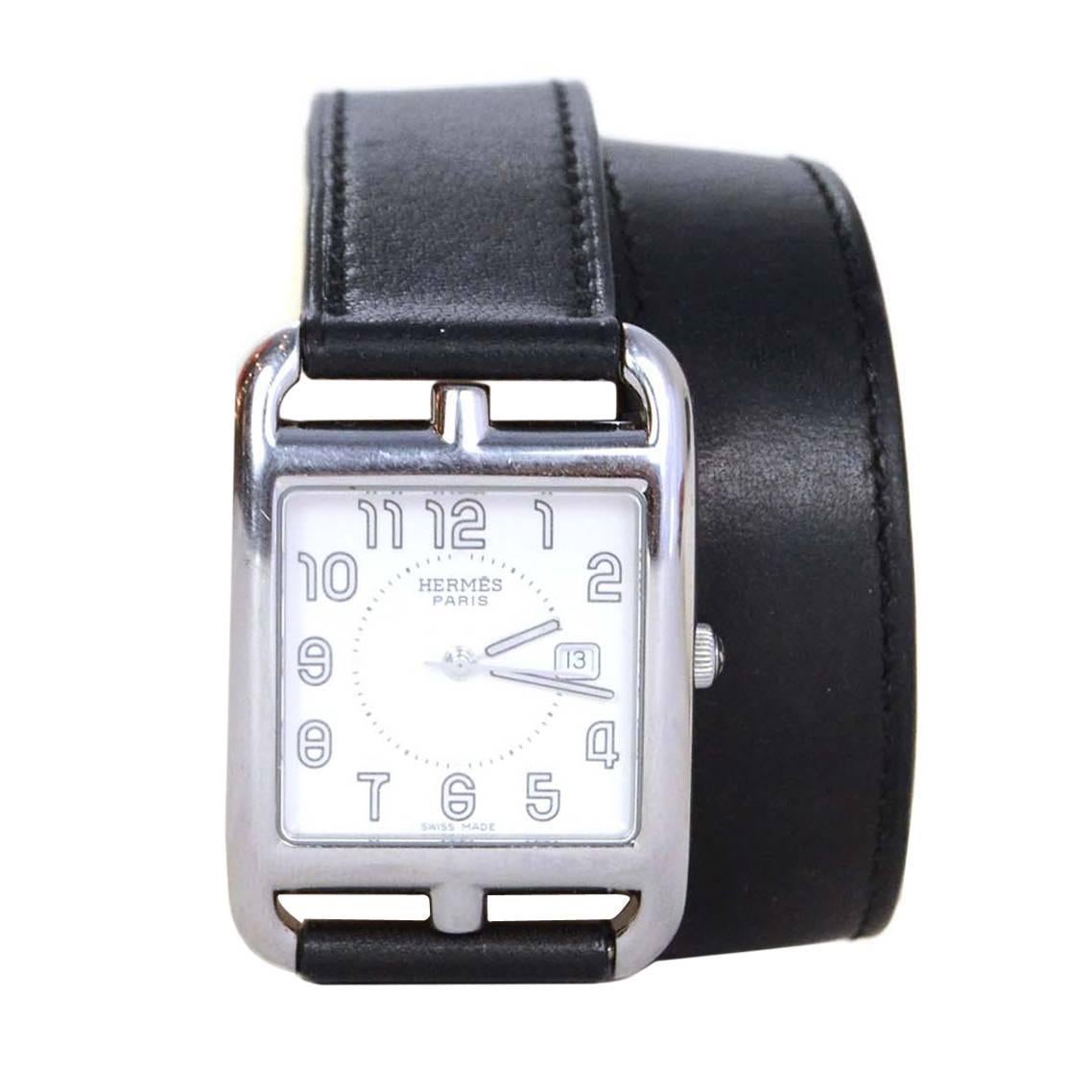 Hermes Black Leather & Stainless Steel 29mm Double Tour Cape Cod GM Watch