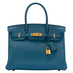 Hermes Birkin 30 T. Clemence Leather R2 Blue Agate NEW COLOR Gold Hardware 2016