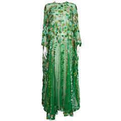 1970's Arabesque Jewelled Green Silk Chiffon Caftan