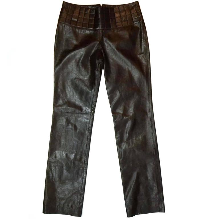 Chanel 2002 Brown Leather Pants with Quilted Waistband Sz 38 For Sale ...