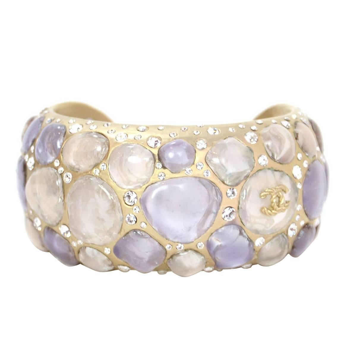 Chanel Lavender Glass & Rhinestone Silver Cuff Bracelet