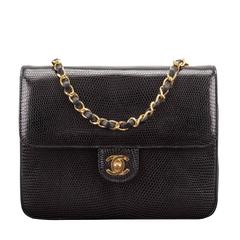 Chanel Large Classic Mini in black lizard with front flap and gold tone hardware