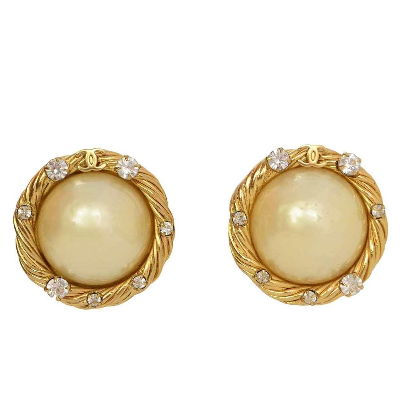 Chanel Goldtone, Faux Pearl and Crystal Clip On Earrings
