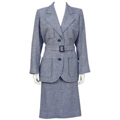 Vintage 1970's Yves Saint Laurent YSL Blue Houndstooth Wool Safari Suit