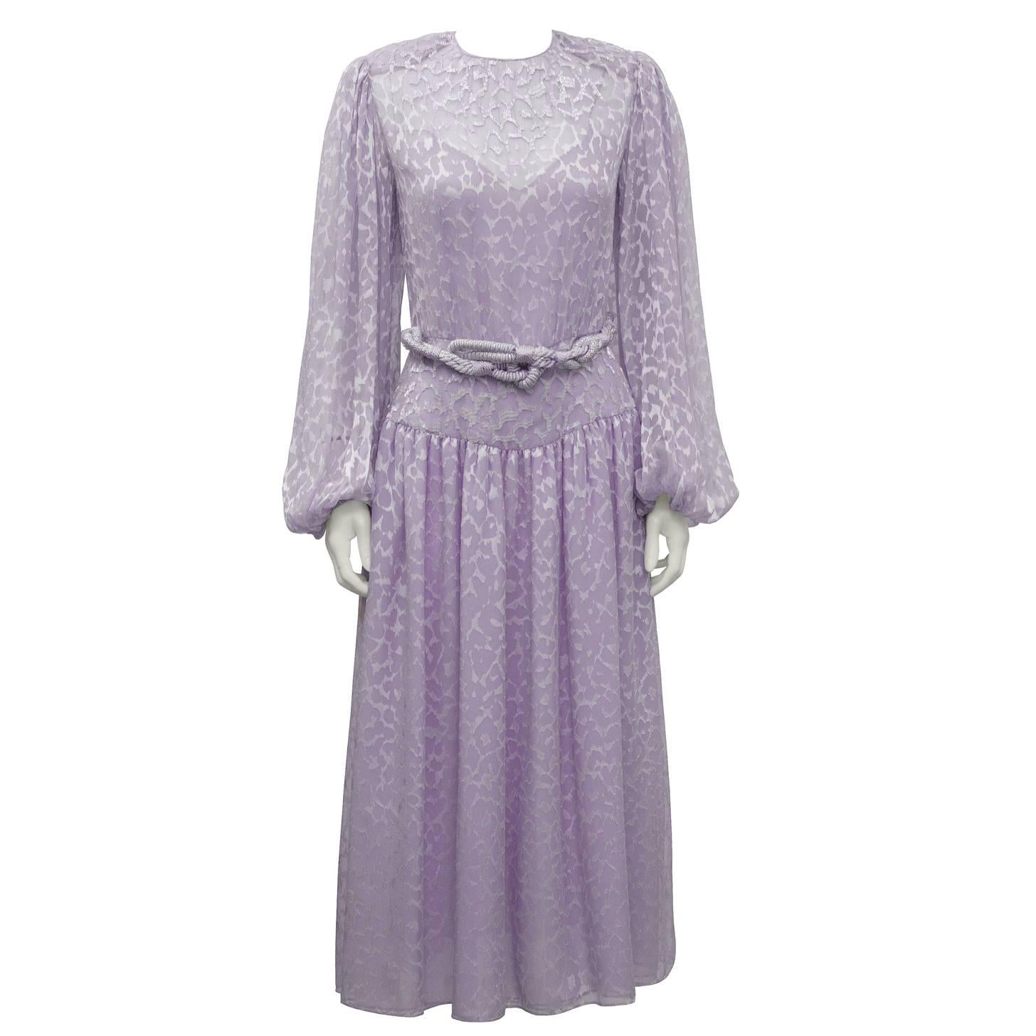 1980's Oscar de la Renta Lavender Chiffon Beaded Evening Dress For Sale