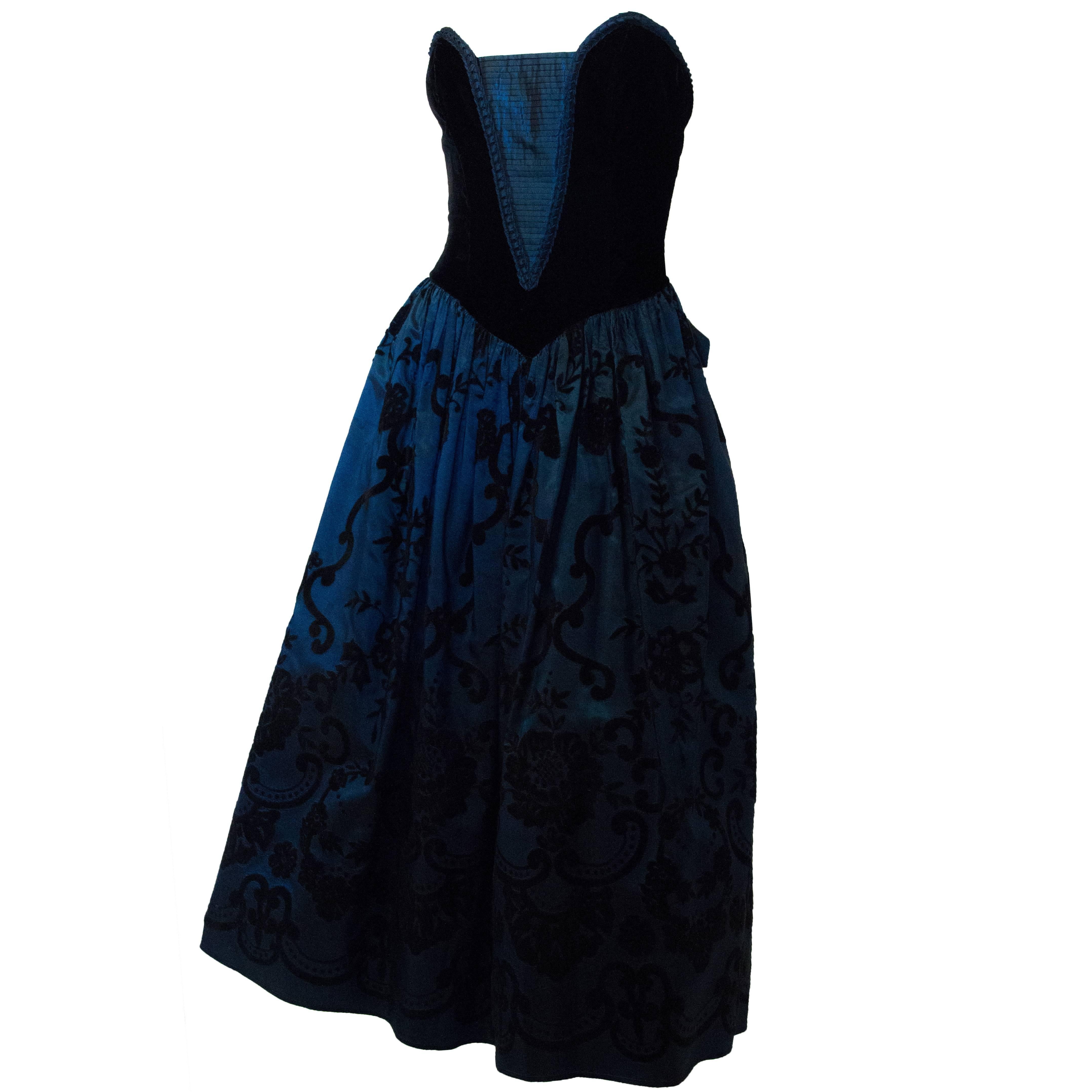 80s Midnight Blue & Black Velvet Flocked Strapless Party Dress   For Sale