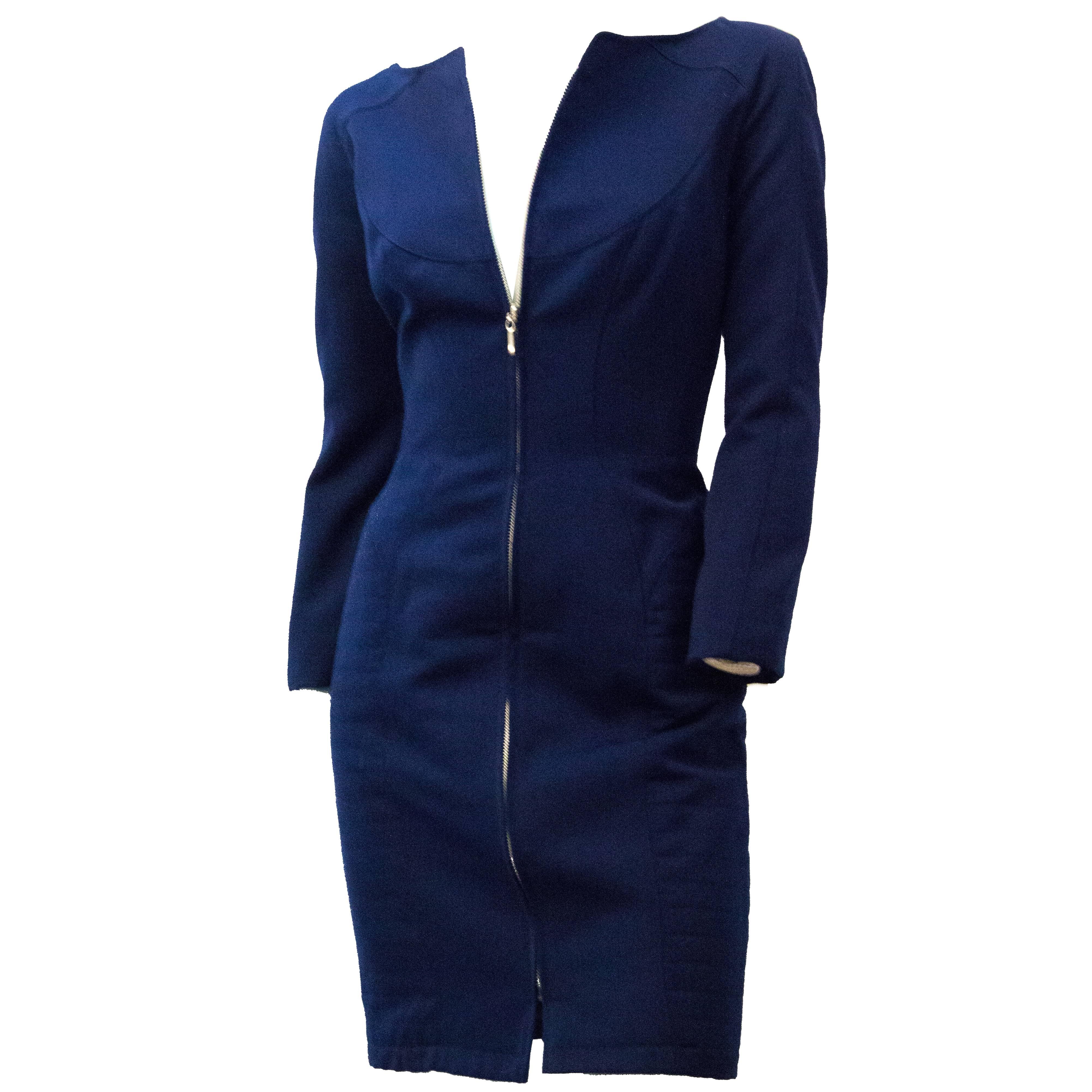 90er Mugler Kobaltfarbenes Kleid mit tailliertem Mantel  im Angebot