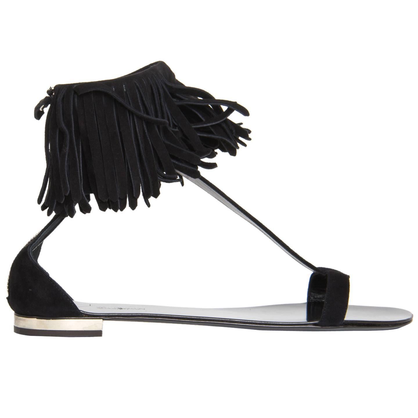 Balmain Black Suede Fringed Sandals For Sale