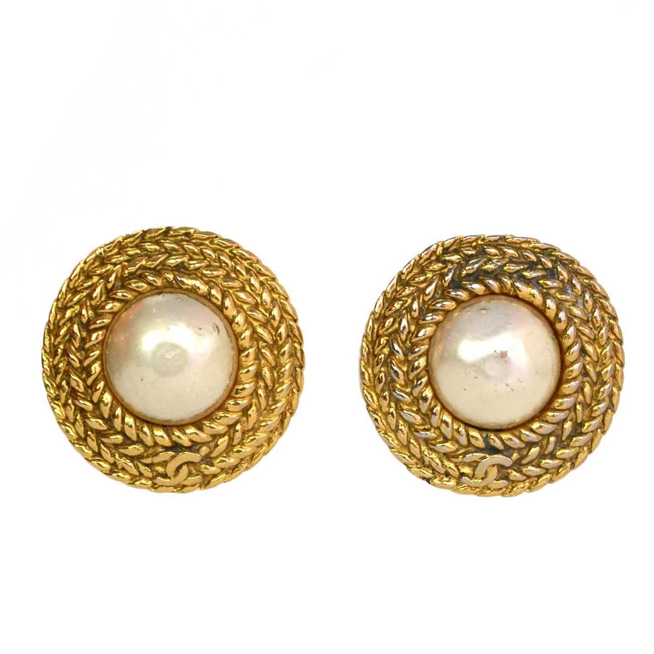 Chanel Vintage Goldtone and Faux Pearl Clip-On Earrings
